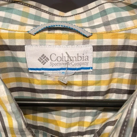 Lg Columbia Sportswear L/S button up YW/gray/WH/ teal dress shirt Gently Used - Picture 2 of 4